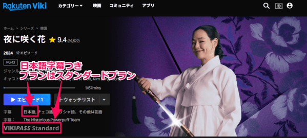 夜に咲く花楽天Viki 配信